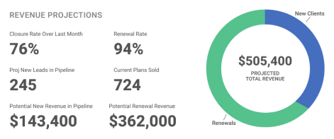 Revenue projections chart showing new clients, renewals, and total expected revenue.