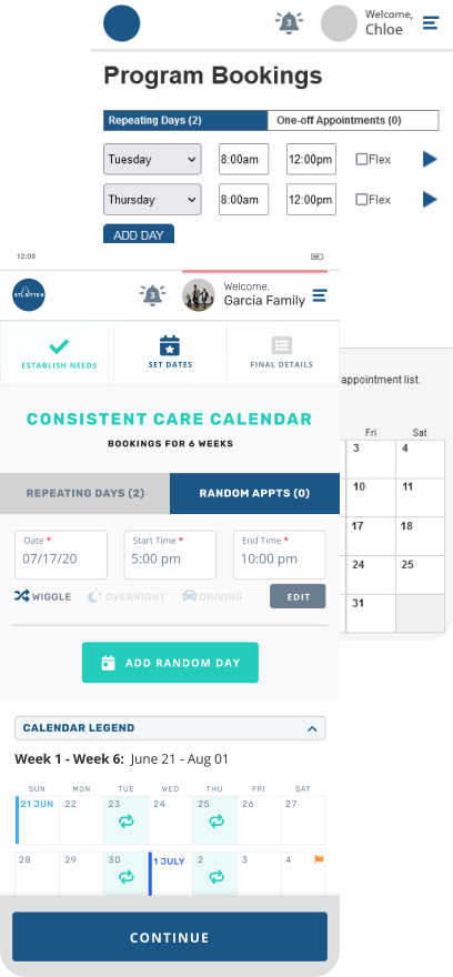 Mobile interface for 'Program Bookings' in a care scheduling app showing options for setting repeating days, one-off appointments, and a six-week calendar view.