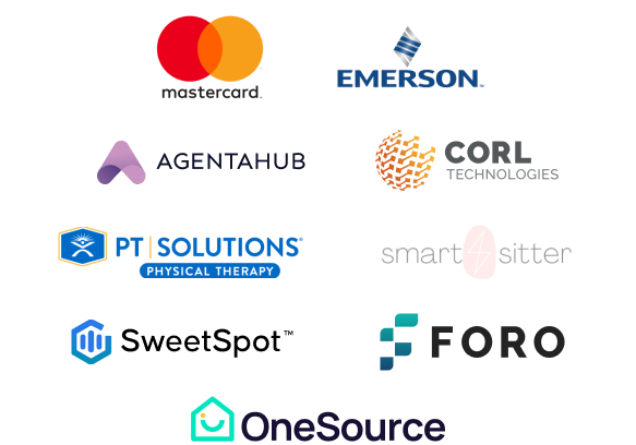 Client logos including Mastercard, Emerson, AgentaHub, CORL Technologies, PT Solutions, Smart Sitter, Foro, OneSource, and SweetSpot.
