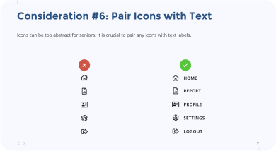 Example showing pairing icons with text for clarity in UX design.