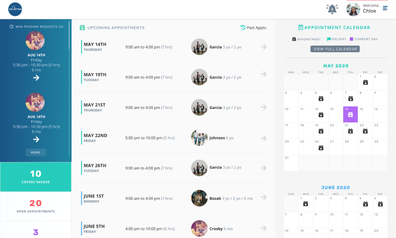 Screenshot of a caregiver scheduling dashboard displaying pending requests, upcoming appointments, and a calendar view for May and June 2020.