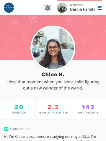 Mobile app profile for Chloe H., a nursing student and sitter, showing her experience, number of appointments, and a personal quote about child care.