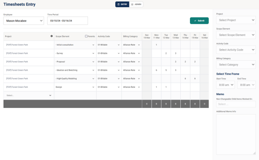 Timesheet entry interface displaying project tasks, activity codes, billing categories, and hours worked for an employee over a selected time period.