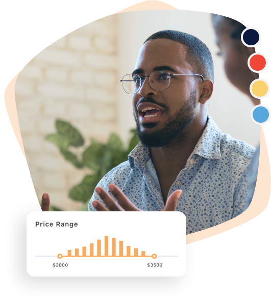 An African American man with short black hair and a beard, wearing glasses and a light blue patterned shirt, speaking animatedly in a professional setting. In the foreground, there is a graphic of a price range bar chart, suggesting a business or financial discussion.