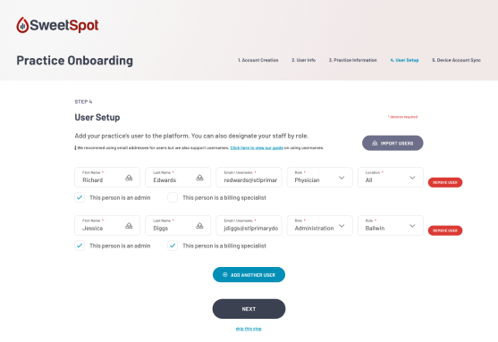 Screen of SweetSpot’s user setup during practice onboarding showing options to assign roles such as admin and billing specialist to new users.