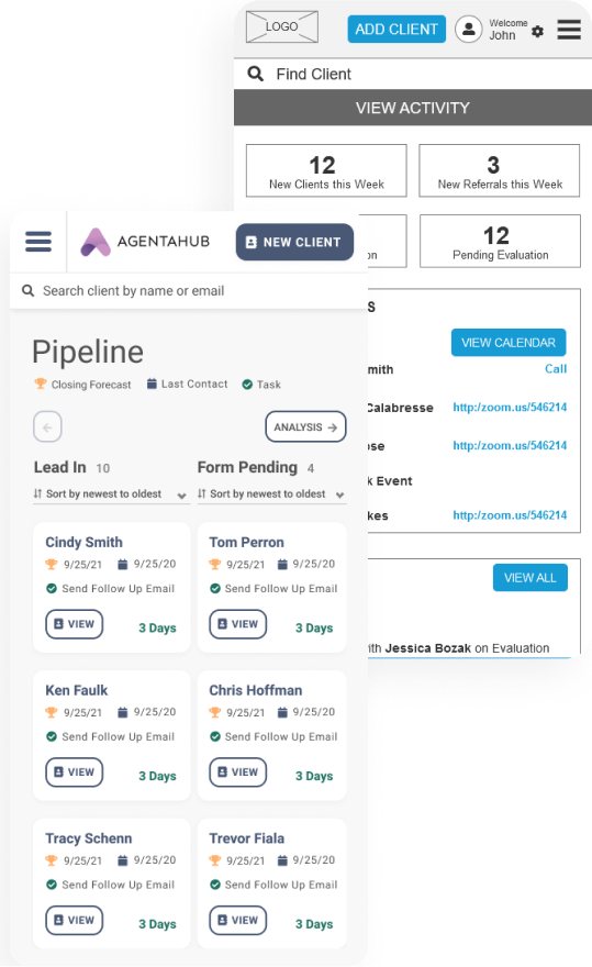 App interface showing client interaction steps in a customer relationship management system.