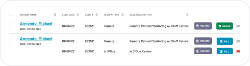 Interface showing patient service records with options for record, bill, and pull actions for each service date and type.