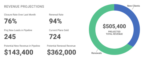 Revenue projections chart showing new clients, renewals, and total expected revenue.