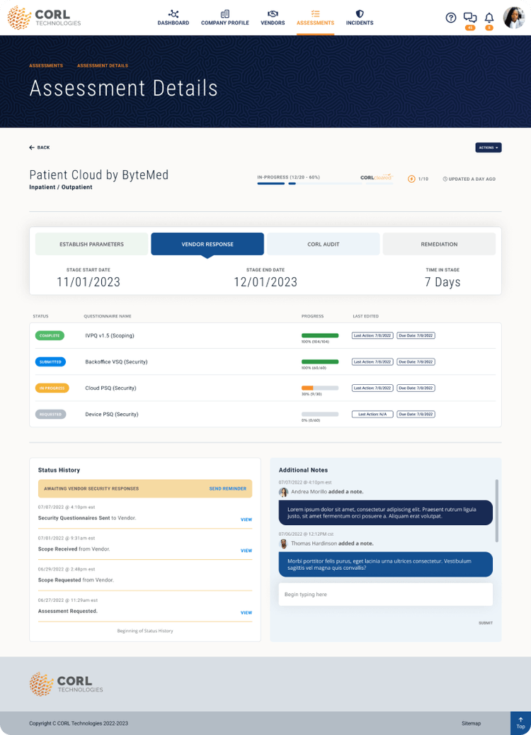 Assessment details interface for a healthcare vendor on CORL Technologies.