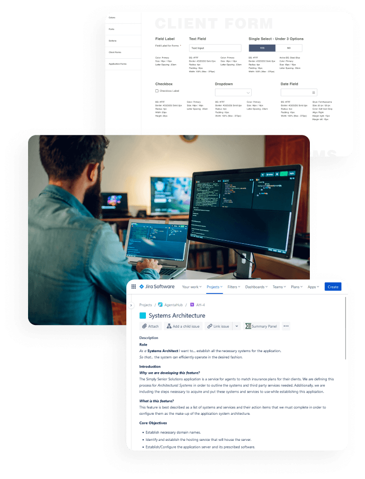 Developer working on backend with two screens showing code and project management details.