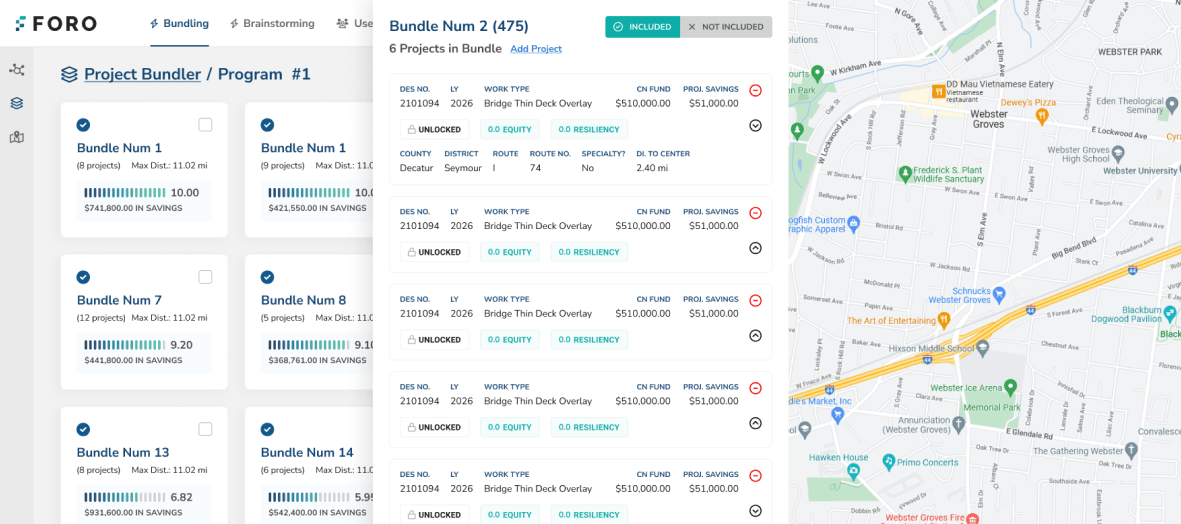 Dashboard interface displaying details for multiple project bundles.