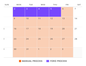 Calendar showing days marked for manual process in orange and FORO process in purple.