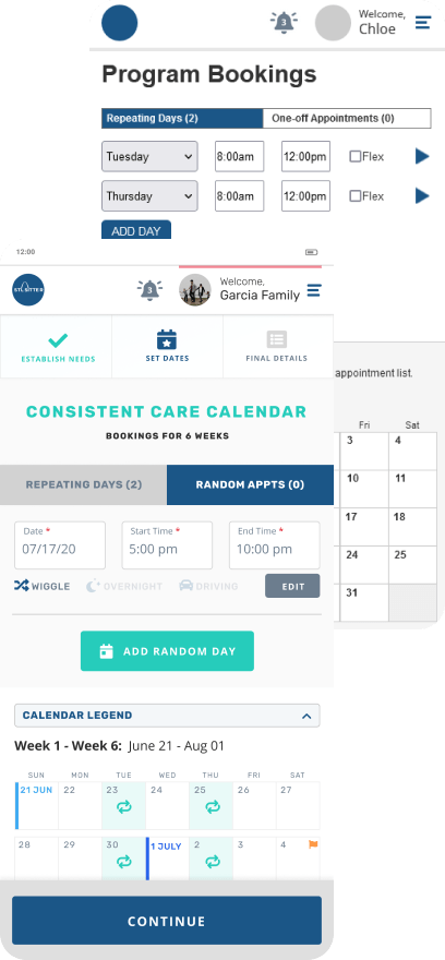 Mobile interface for 'Program Bookings' in a care scheduling app showing options for setting repeating days, one-off appointments, and a six-week calendar view.