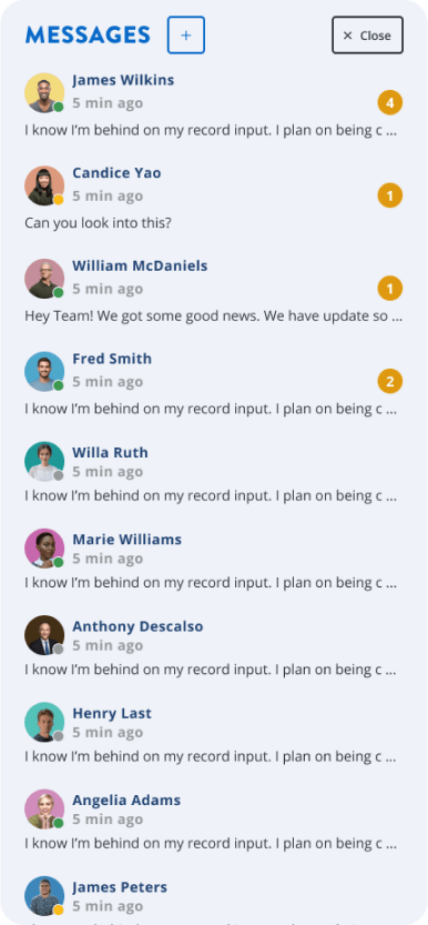 Message inbox showing a list of recent messages from various team members.