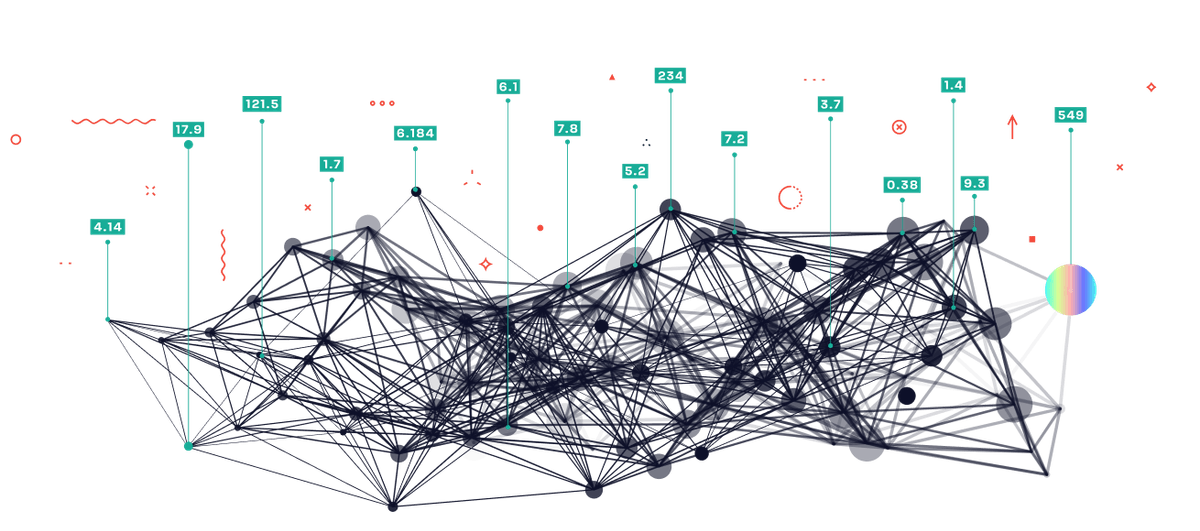 Abstract network visualization with connected nodes, displaying various numeric values.