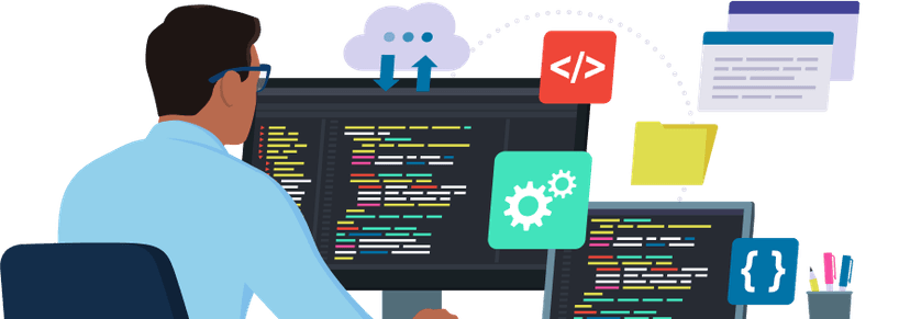 Person working on code at a dual-monitor setup, with cloud and software icons floating.