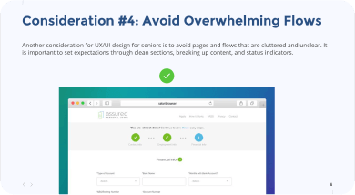 Slide explaining the importance of simple flows in UX/UI design for seniors.