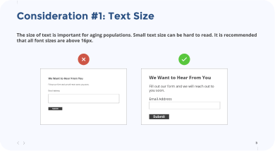 Comparison of web form designs emphasizing larger text size for better readability.