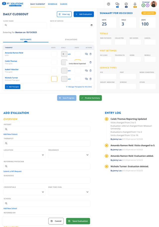 Daily closeout interface for a clinic.