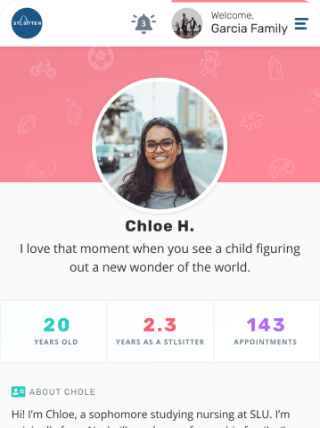 Mobile app profile for Chloe H., a nursing student and sitter, showing her experience, number of appointments, and a personal quote about child care.