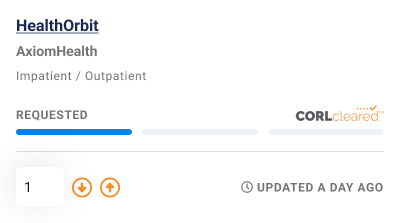 User interface card from HealthOrbit displaying a 'CORLCleared™' verification, updated a day ago.