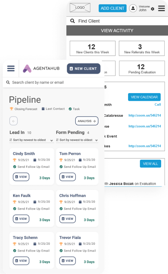 App interface showing client interaction steps in a customer relationship management system.