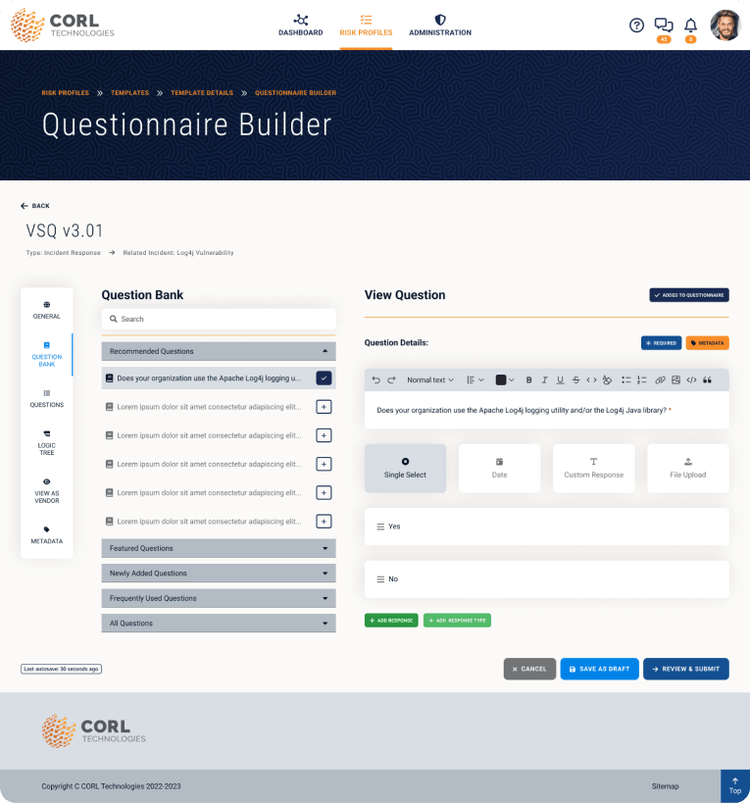 User interface of the Questionnaire Builder in CORL Technologies' platform.