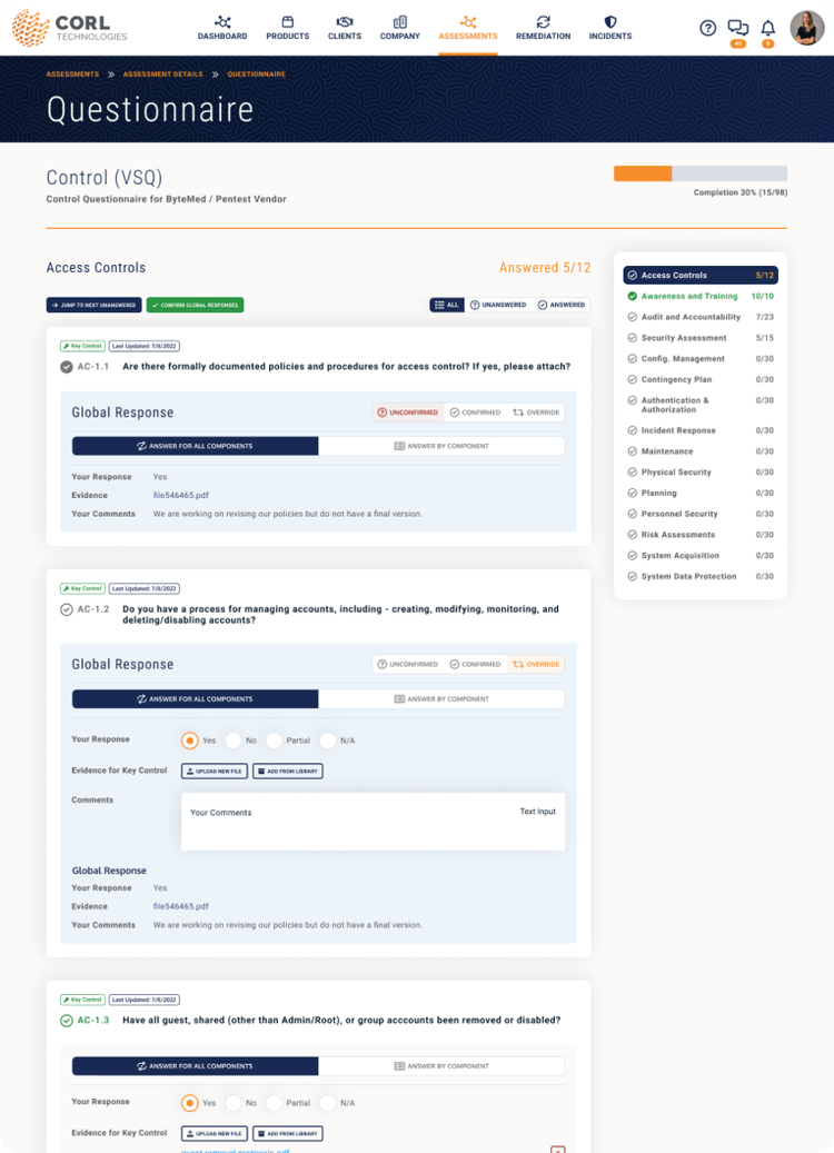 Detailed questionnaire interface showing questions about access controls.