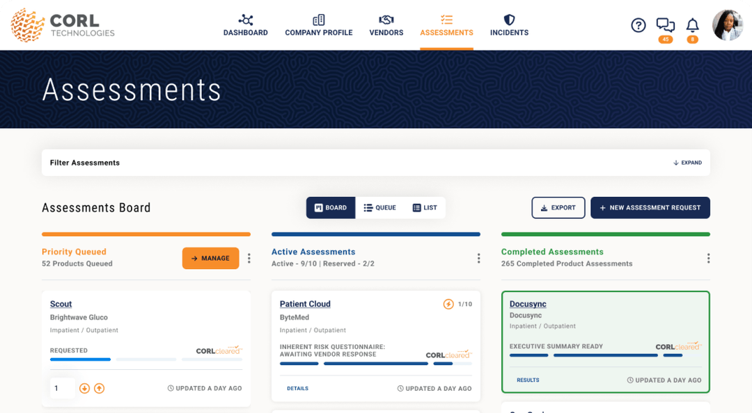 Risk assessment management interface on CORL Technologies' platform.