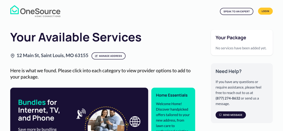 Service selection page showing available bundles