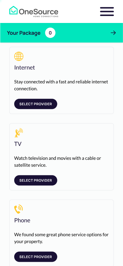 Service selection page displaying options for internet, TV, and phone providers.