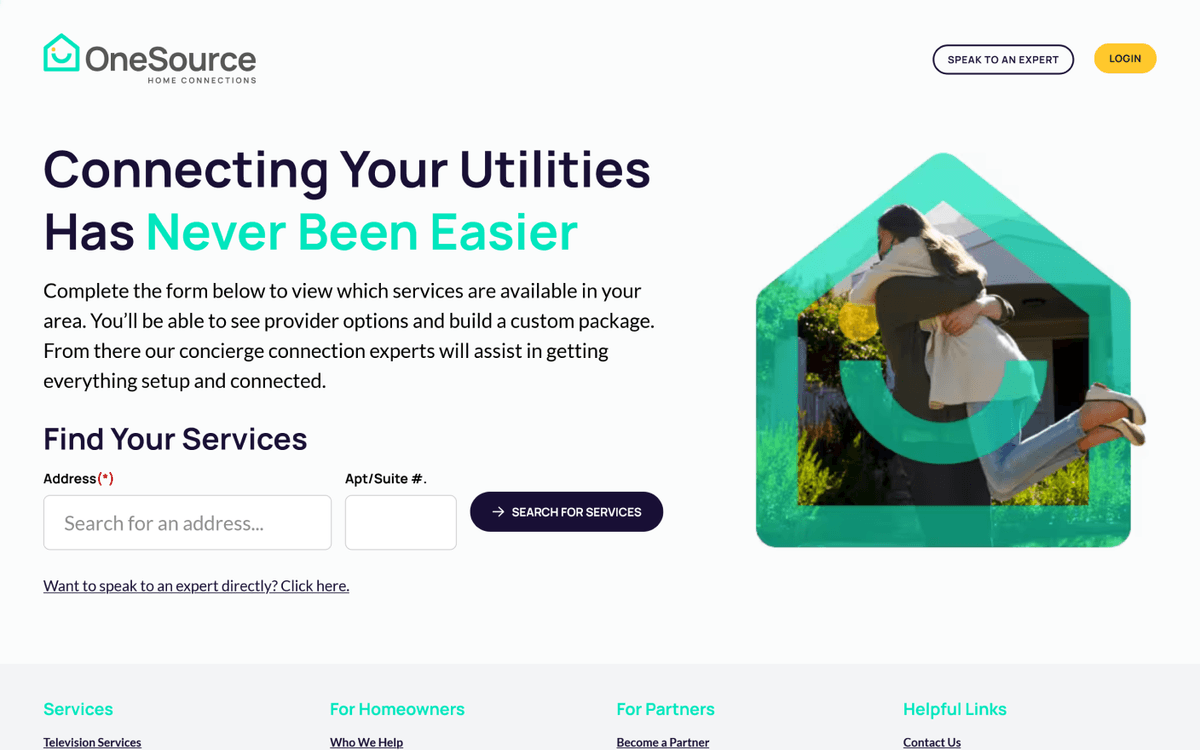 Service search page prompting users to enter their address to find available utilities.