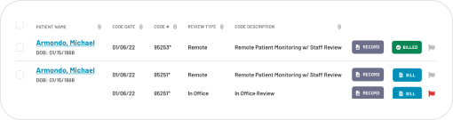 Interface showing patient service records with options for record, bill, and pull actions for each service date and type.