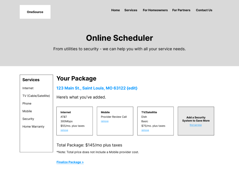 Online scheduler interface displaying a selected service package