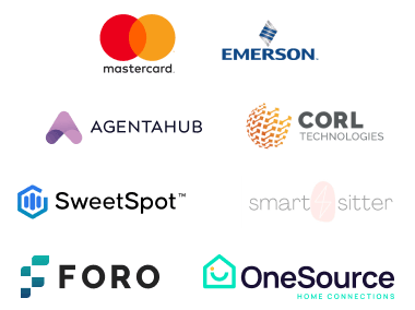 Client logos including Mastercard, Emerson, AgentaHub, CORL Technologies,  Smart Sitter, Foro, OneSource, and SweetSpot.