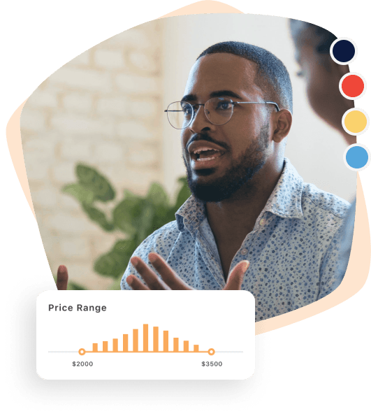 An African American man speaking animatedly. Included is a graphic of a price range bar chart.