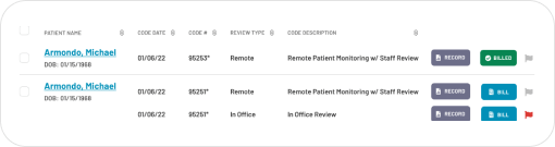 Interface showing patient service records for each service date and type.